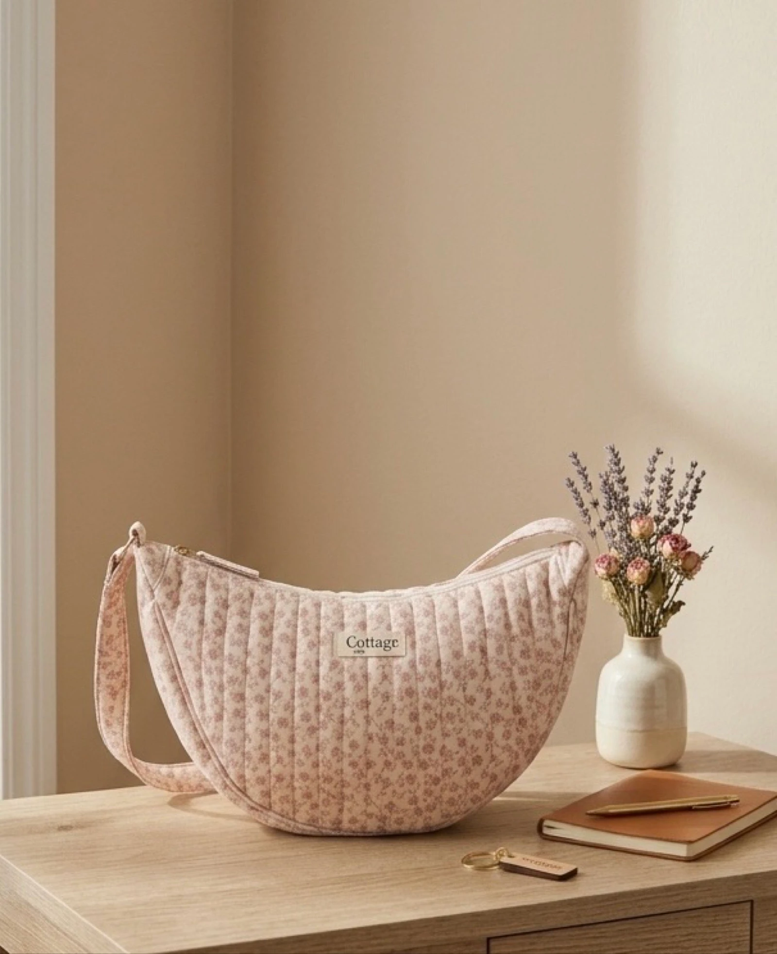 Sac Lune 100% Coton Matelassé Collection Cottage & Bag / Modèle Petits Bouquets Rose